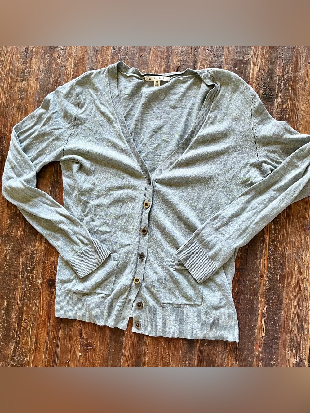 CAbi Women's Billie Breeze Light Blue Lime Green Swash Cardigan Sweater Sz M